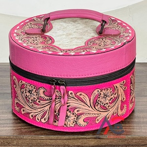 Estuche de Joyería de Cuero Rosa Floral Hecho a Mano, Caja de Almacenamiento de Joyería Redonda Portátil de Cuero Genuino de Vaca de Lujo para Mujer - Product Image 1