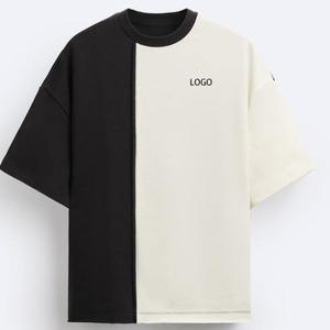 เสื้อยืดคอกลมแขนสั้นผู้ชาย ทรงโอเวอร์ไซส์ ผ้าคอตตอนถัก สไตล์ลำลอง แต่งขอบตัดสี พร้อมโลโก้ด้านหน้า - Product Image 1