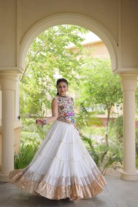 Women's Traditional Embroidered Ethnic Blouse With White Tiered <b>Skirt</b> For Wedding Occasion India Pakistan Style Cotton Loose Fit - Product Image 1