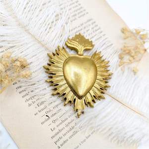Gold Brass Sacred Heart Sunburst <b>Wall</b> Sculpture Crown Milagro Pendant Plaque Religious Mexican Folk Art Decor - Product Image 5