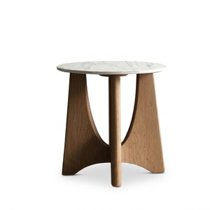 Elegant Eco-Friendly Modern Round <b>Side</b> <b>Table</b> With <b>White</b> <b>Marble</b> Top And Wooden Base Minimalist Design For Living Room - Product Image 1
