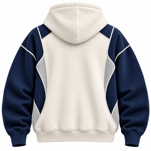 Hot Selling <b>Men's</b> Custom Drop Shoulder <b>Navy</b> & Beige Contrast Panel Premium Hoodie 100% Cotton <b>Fleece</b> 450 GSM Anti Pilling Hoodie - Product Image 2