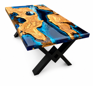 Luxury Custom Love Theme <b>Live</b> <b>Edge</b> River Dining <b>Table</b> Solid Wood Epoxy Resin Centerpiece Glossy Finish Industrial Metal Base - Product Image 1