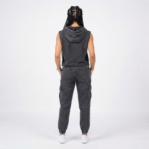Women Denim Sleeveless Hoodie And Cargo Jogger <b>Pants</b> Set Washed Black Streetwear Two Piece Casual Outfit - Product Image 2