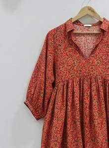 Vestido Túnica Midi Hecho a Mano en India 100% Algodón para Mujer |   Ropa Formal de Oficina Ecológica y Transpirable, Corte en A, Cuello en V, Manga Abullonada, Estampado Floral - Product Image 2