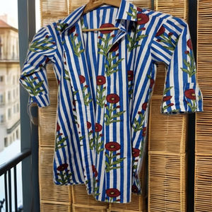 Camisa Larga de Algodón Estampada a Mano con Cuello en V y Estampado Floral para Mujer, Talla Única, Casual, Transpirable, para Verano y Otoño - Product Image 1