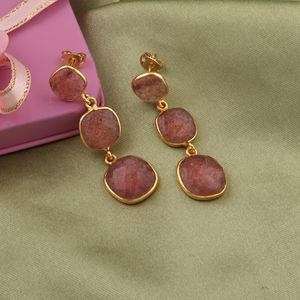 Exquisite genuine cherry quartz <b>drop</b> earrings cushion shaped smooth gemstone three tier gold plated accessories for women girls - Product Image 2