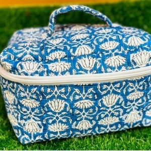 Blue Embroidered Quilted Cosmetic Case with Zipper Closure and Soft Handle Medium Size Bohemian Style Textile Makeup Organizer - Product Image 4
