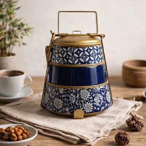 Ikat motif brass tiffin <b>box</b>, 3 tier red teal vintage <b>lunch</b> <b>box</b>, traditional patterned metal food carrier, at wholesale prices. - Product Image 2
