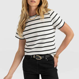 2026 Best Quality Women's <b>Striped</b> Crew Neck Short Sleeve <b>T</b>-<b>Shirt</b> 100% Cotton Knitted Casual Regular Fit <b>White</b> <b>Black</b> Stripes - Product Image 6