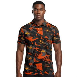 Men's Black <b>Orange</b> Geometric Pattern <b>Polo</b> Shirt Short Sleeve Casual Wear - Product Image 3