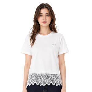 T-shirt en coton blanc à manches courtes, col rond, ourlet en dentelle, haut décontracté pour tous les jours, couleur unie, personnalisable, respirant, tricoté, ODM - Product Image 1