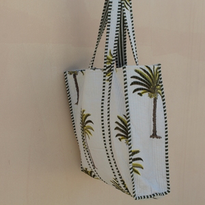 Luxury White 100% Cotton Quilted Tote <b>Bag</b> with Palm <b>Tree</b> Print Long Handle Lightweight Travel & Shopping <b>Bag</b> - Product Image 4