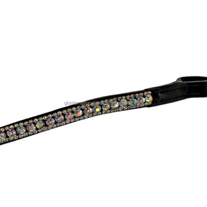 Bande de front de cheval en cuir noir véritable de qualité exportatrice décorée de 5 rangées de cristaux multicolores strass chaîne diamante bling - Product Image 6