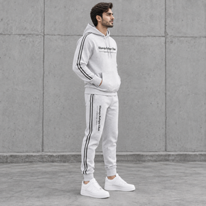 KRU Men's Hooded Tracksuit Set <b>Black</b> Gray Stripe Full Sleeve Casual Sweatshirt <b>Pants</b> With Side Pockets Breathable Polyester - Product Image 6