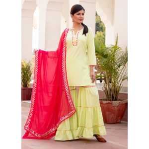 Ensemble Salwar Kameez ethnique en rayonne brodé Gota vert Aasma avec dupatta rose, taille XS, idéal pour les mariages - Product Image 3