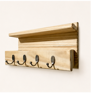 Porta llaves de pared de madera de pino macizo hecho a mano con estante, organizador rústico para entrada con 4 ganchos resistentes para el hogar u oficina. - Product Image 3