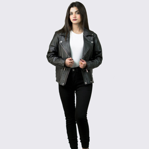 Women's Black Genuine Leather Moto Jacket Full Sleeve Turn-down Collar <b>Zipper</b> Closure Autumn Style - Product Image 1