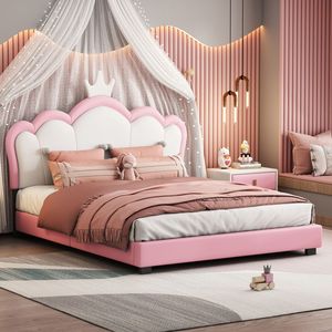Letto Principessa Imbottito Bianco + Rosa con Testiera e Pediera a Corona, Elegante Design a Piattaforma - Product Image 2