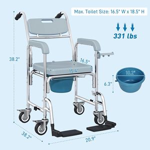 Sedia a rotelle da doccia grigia in PU per anziani, con ruote bloccabili, schienale e braccioli regolabili, utilizzabile anche come sedia comoda da letto - Product Image 3
