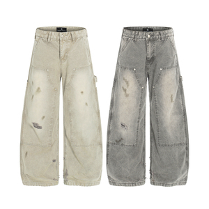 Pantalon de bûcheron délavé style américain unisexe, coupe ample, coupe droite, décontracté, coupe incurvée, en jean - Product Image 1