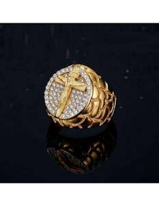 Premium <b>Mens</b> Hip Hop Jesus Cross <b>Ring</b> Diamond Look Round Top 925 Sterling <b>Silver</b> 10K 14K Gold Finish Party Wear Jewelry - Product Image 1
