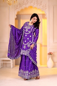 Conjunto Kurti Chinon con múltiples bordados y lentejuelas, pantalón palazzo elástico forrado y dupatta a juego para mujer UV 155 - Product Image 2