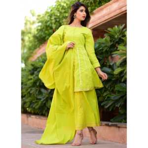 Ensemble de costume en mousseline vertâtre avec broderies Gotta et dupatta épaisse - Taille XS - Product Image 1