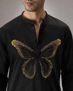 Blazer en coton noir brodé de fleurs avec perles de cristal, design fait main pour tenue formelle homme - Product Image 4