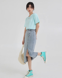 Jupe courte en jean urbaine pour femme, coupe classique, décontractée, basique, en denim, longueur genou, avec ceinture, vente en gros - Product Image 5