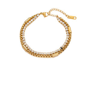 Brazalete de Cadena Cubana de Doble Capa de Acero Inoxidable de Alta Calidad, Chapado en Oro de 18K con Circonitas, Brazalete Geométrico Moderno para Mujer - Product Image 5