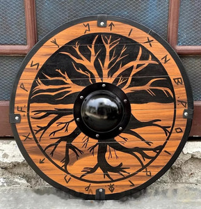 Bouclier de dragon médiéval viking authentique fait main en acier et bois, rond, 24 pouces, finition noire antique, pour décoration intérieure et cosplay - Product Image 1