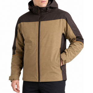 High demand <b>Men's</b> Hooded Softshell <b>Jacket</b> Khaki with Dark Brown Contrast Outdoor Workwear Windproof Water Resistant - Product Image 1