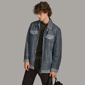 Blouson de moto réversible imperméable en peau de mouton cirée délavée noir et marron à col montant grande taille pour homme - Product Image 6