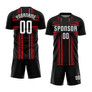 High Quality Athletic Fit Men's Sublimated Soccer Uniform Set Black <b>Red</b> Striped Short Sleeve Training Wear Football Jerseys Set - Product Image 1