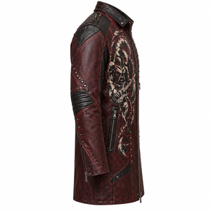 Abrigo Largo de Cuero Genuino Borgoña para Hombre con Estampado Gráfico de Escorpión, Estilo Motero con Tachuelas, Proveedor OEM ODM Personalizado, Exportación a Granel - Product Image 3