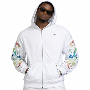 Sweat-shirts à capuche zippés pour hommes en molleton 100% coton, imprimés de strass multicolores personnalisés, style streetwear oversize, avec logo frontal OEM - Product Image 1