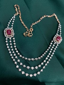 14K Rose White Gold Lab Grown <b>Ruby</b> Multi Strand <b>Necklace</b> | IGI Certified Rhodium Plated Luxury 3-Layer Red <b>Ruby</b> Halo Wedding - Product Image 3
