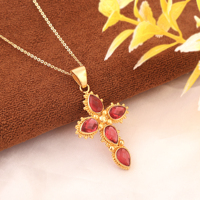 Collier pendentif croix en quartz hydro rubis, bijoux religieux en gros, plaqué or 18 carats, fait main, pour femmes