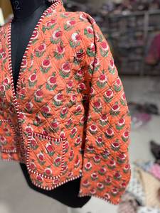 Women's Quilted Floral Jacket V Neck Full Sleeve Cotton Autumn Wear Button Closure <b>Patch</b> Pockets Hand Embroidery gift for her - Product Image 3