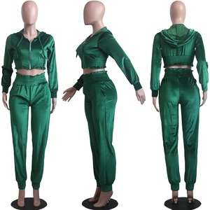 Women Black Velvet Tracksuit Set Hooded <b>Zipper</b> Crop <b>Top</b> Jogger Pants Full Sleeve Casual Autumn Wear Solid Color Breathable - Product Image 4