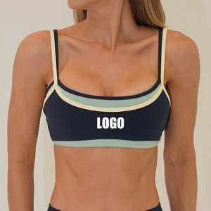 Soutien-gorge de sport pour femme, crème et bleu marine, à bretelles spaghetti, col rond, avec bordure contrastante, sans couture, respirant, maintien moyen - Product Image 3