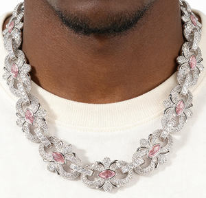 Collar de Cadena con Gema Rosa, Gargantilla de Eslabones en Tono Plateado, Collar con Colgante Floral para Hombres y Mujeres, Joyería para Fiestas - Product Image 6