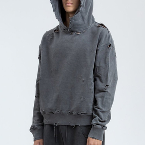 เสื้อฮู้ดดี้วินเทจแบบ OEM ซักย้อมสีแบบ Stone Washed ผ้าคอตตอนหนา 100% น้ำหนัก 500gsm ทรง Distressed - Product Image 2