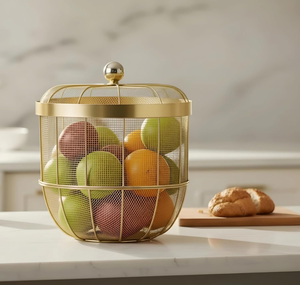 Corbeille à fruits en maille avec couvercle, bol décoratif en fil métallique pour comptoir de cuisine - Support à fruits en métal respirant pour oranges - Product Image 2