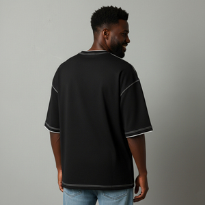 T-shirts pour hommes noirs, coupe oversize, manches courtes, col rond, en jersey de coton, décontractés, avec logo blanc imprimé, contrastés et à prix abordables - Product Image 5