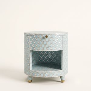 Table de chevet ronde bleu clair en nacre faite à la main avec 1 tiroir, incrustation marocaine en treillis, meuble artisanal à un seul tiroir - Product Image 1