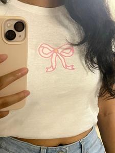 Beaded Pink Bow Applique White Crew Neck Cotton T-<b>Shirt</b> <b>Women</b> Summer Short Sleeve Crop Top Streetwear Apparel - Product Image 5