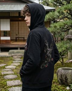 Sudadera con Capucha Negra para Hombre, Oversize, de Algodón y Felpa, con Bordado a Mano, Estilo Casual Urbano, Diseño con Bolsillo Frontal, para Otoño - Product Image 4