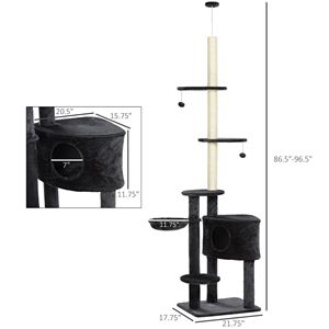 Albero per Gatti Verticale Grigio Regolabile in Altezza da Pavimento a Soffitto con Piattaforme in Moquette, Cuccia e Aree di Tiraggio in Corda per Arrampicata - Product Image 3